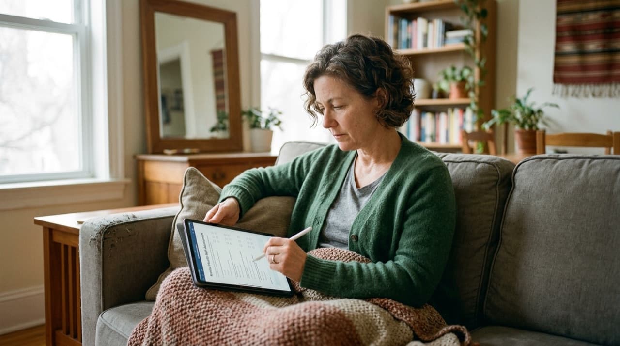 An adult thoughtfully completing a confidential clinical mental health assessment on a tablet at home