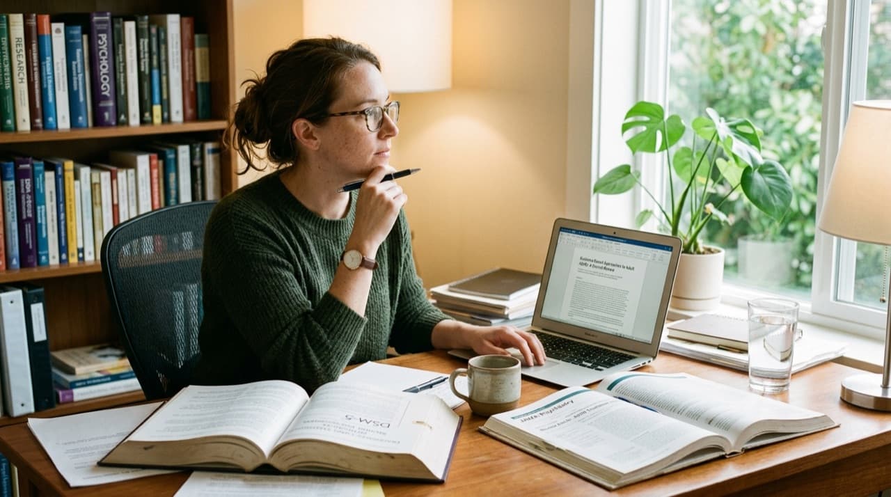 A licensed clinical psychologist and medical writer in a sunlit office consulting the DSM-5 and psychiatric journals