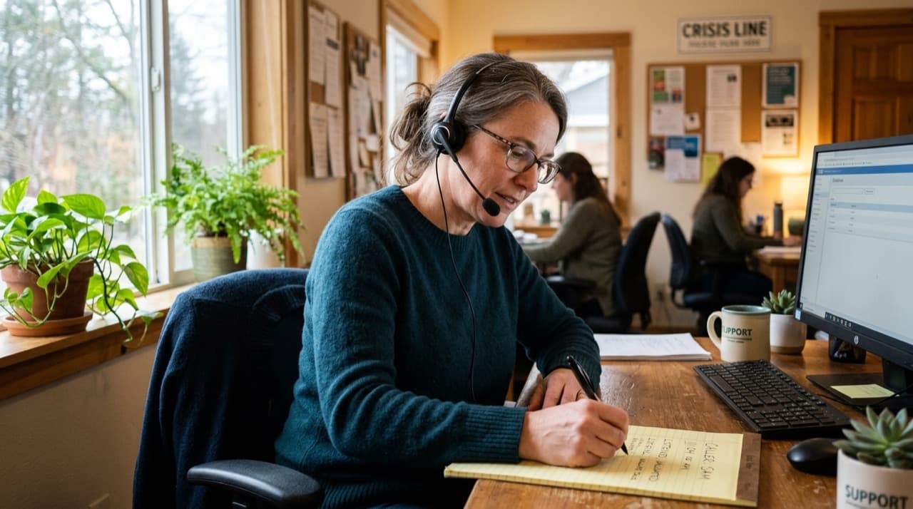 An empathetic crisis counselor wearing a headset attentively providing compassionate 24/7 mental health support