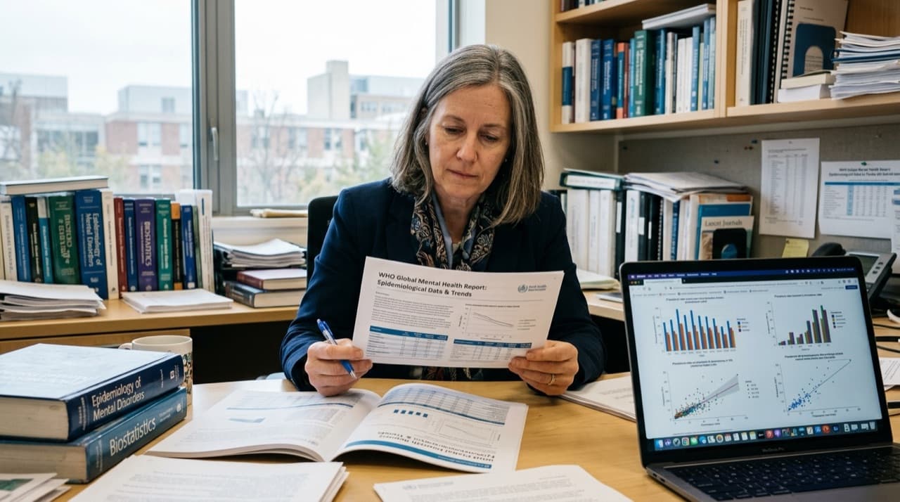 An epidemiological mental health researcher in an academic office analyzing published World Health Organization statistics and clinical health trends