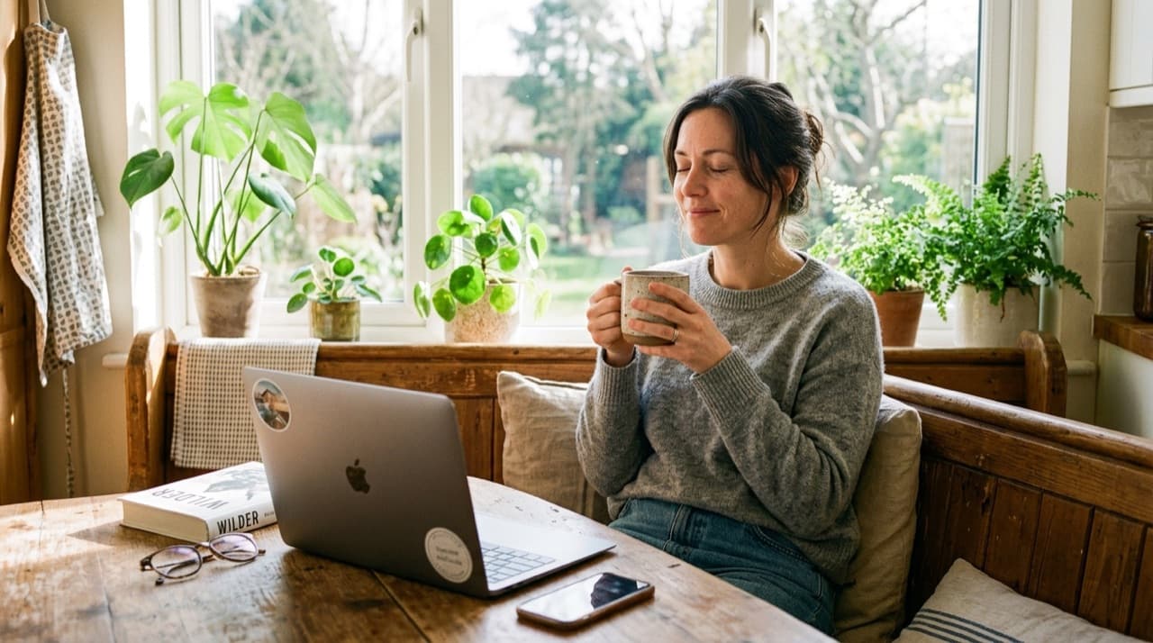 A professional taking a healthy mental health day off from work with a closed laptop and a warm mug by a sunlit window