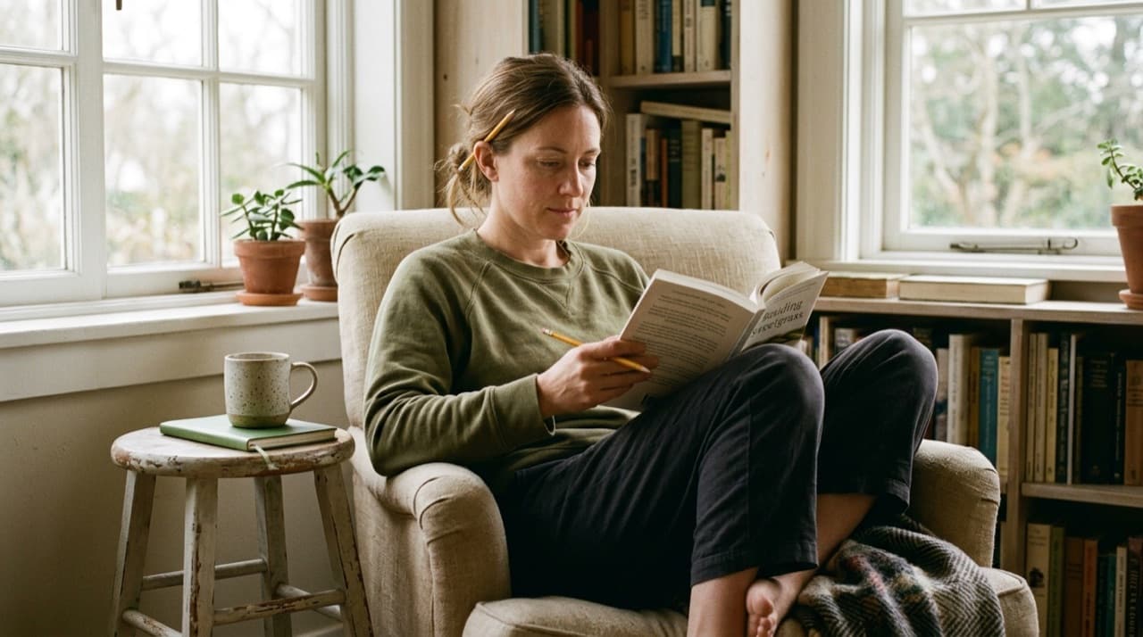 An adult enjoying a quiet, restorative moment reading an inspiring book in natural morning window light
