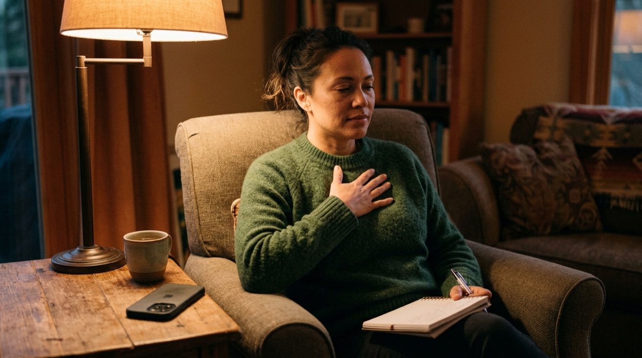 An adult in an armchair placing a smartphone face down and resting hand on chest to regulate relationship anxiety