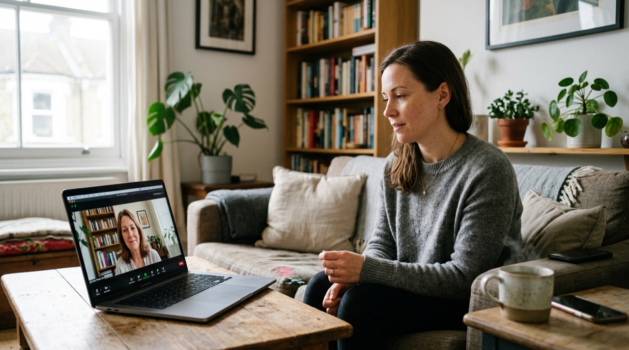 Client participating in an encrypted live telehealth video therapy consultation on a laptop at home