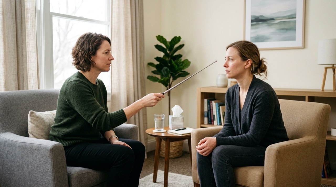 A licensed therapist holding a pointer wand to guide an adult client mindful eye gaze during a Brainspotting session