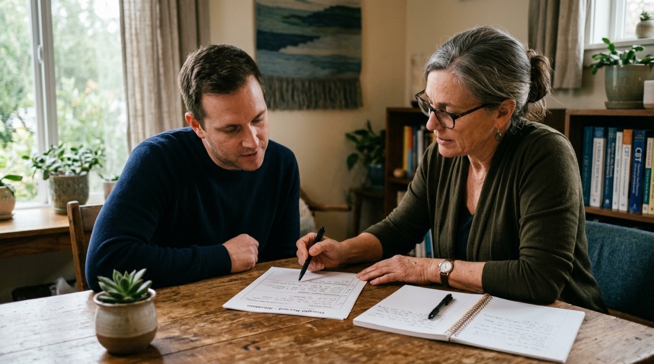 A client and clinical psychotherapist collaboratively reviewing a structured thought record worksheet during a CBT session