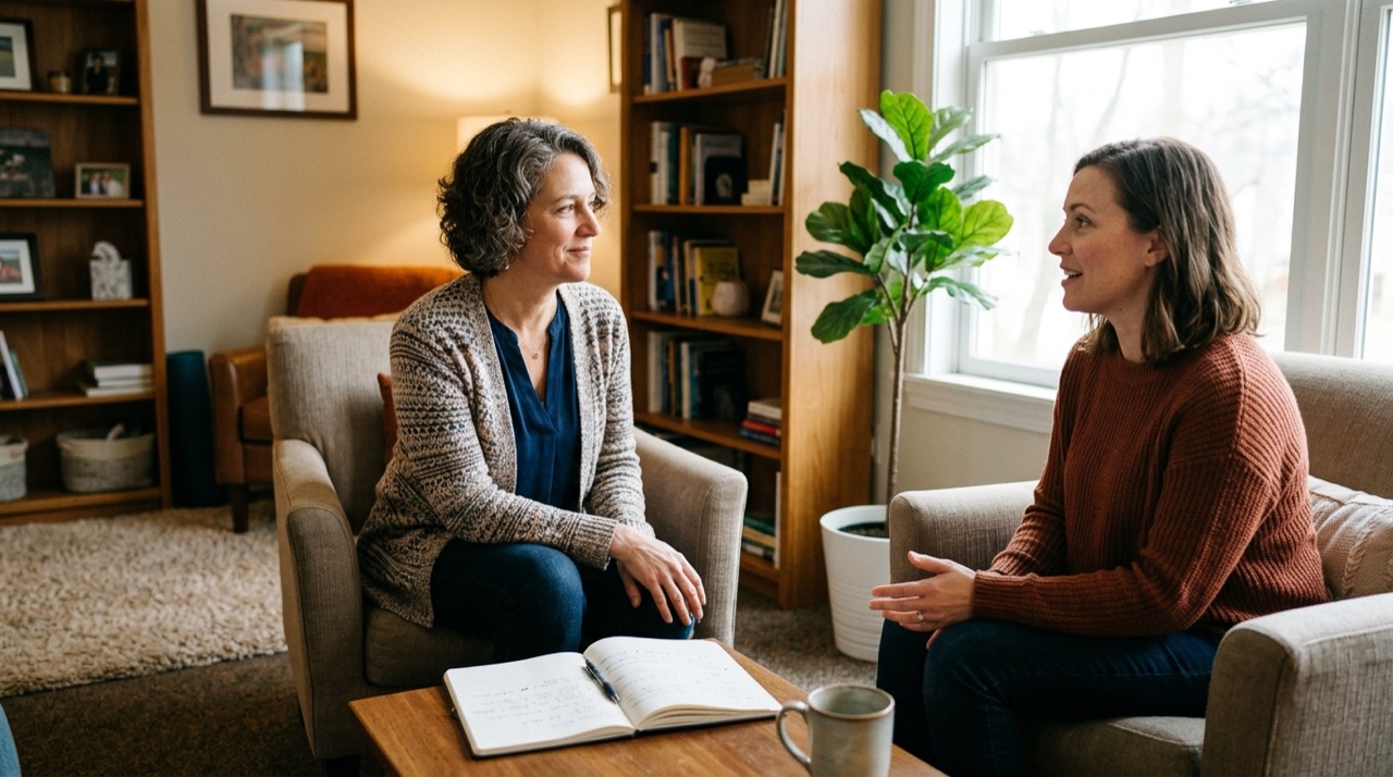 An adult patient and licensed therapist in a supportive clinical office discussing personalized depression treatment plans
