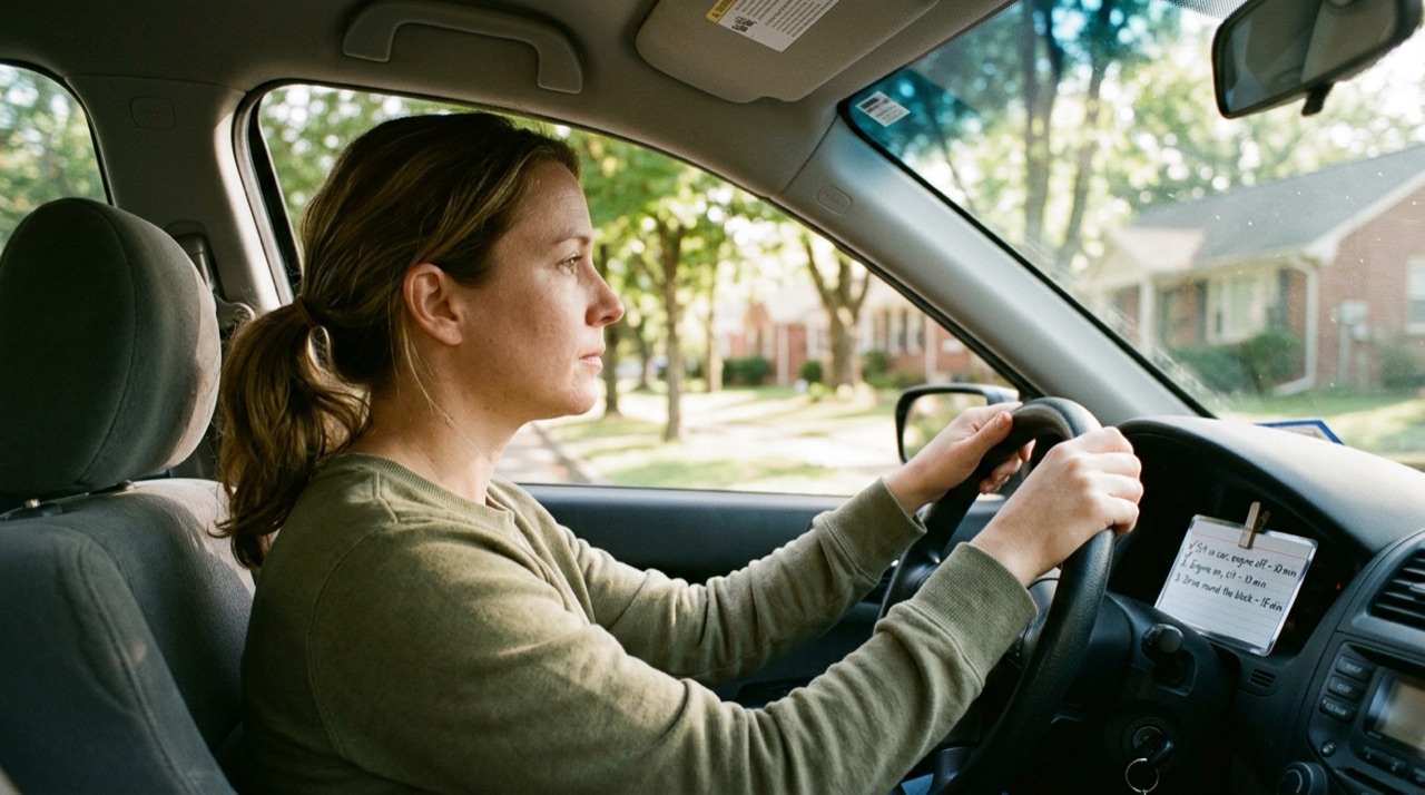 Driver practicing gradual in vivo exposure therapy with diaphragmatic breathing and an anxiety hierarchy card