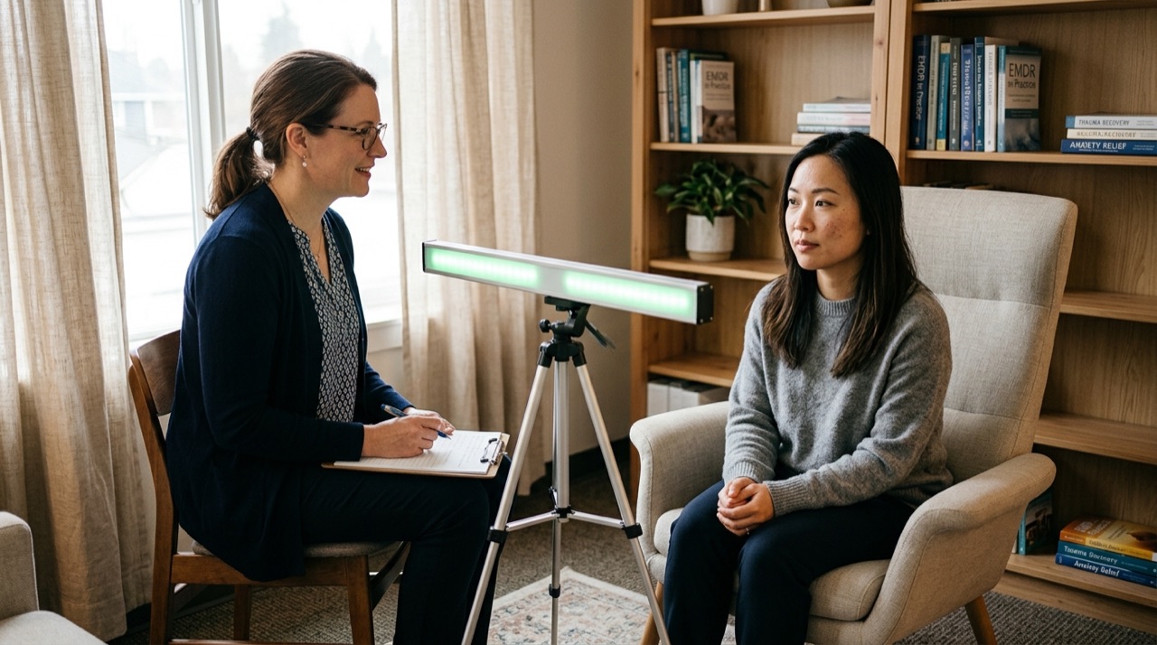 Clinical psychologist using a bilateral LED lightbar with a client during an EMDR desensitization session for anxiety