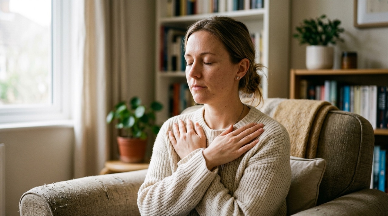 A person gently practicing the self-administered bilateral butterfly hug tapping technique at home for emotional regulation