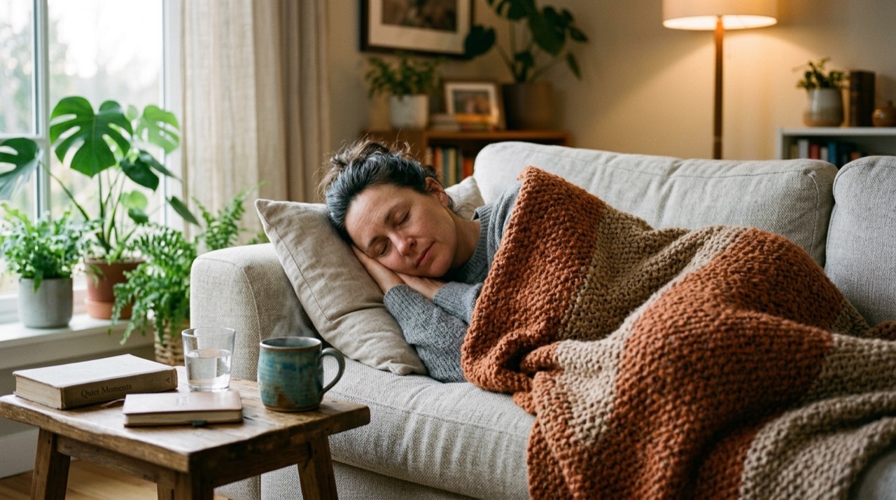 An adult resting peacefully under a warm blanket on a sofa at home with tea, recovering from post-EMDR emotional fatigue