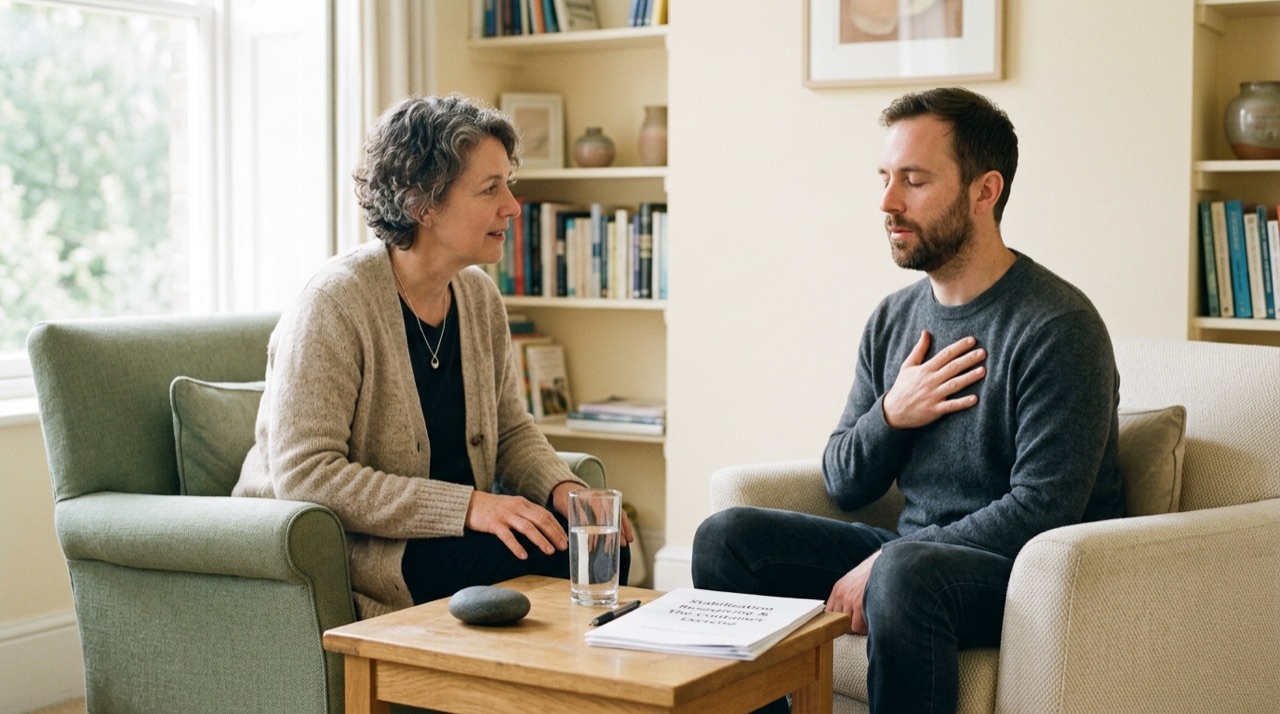 Trauma therapist guiding a client through stabilization resourcing, container visualization, and nervous system regulation