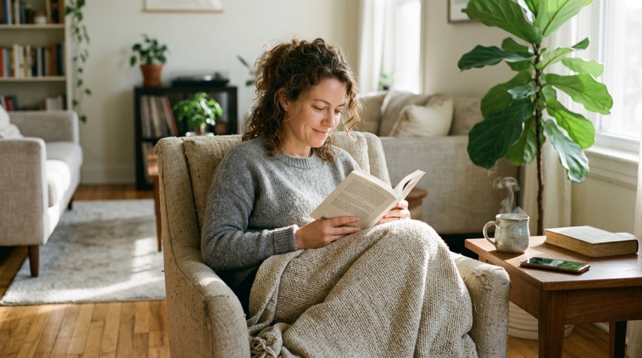 Adult reading a book in an armchair with phone placed out of reach during an intentional mental health day