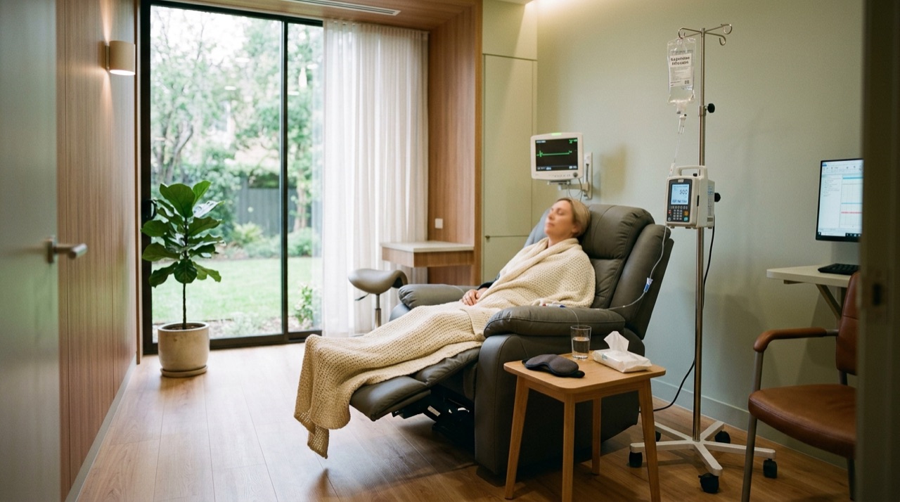 A serene medical infusion room with a reclining armchair, IV drip stand, and garden window for clinical ketamine therapy