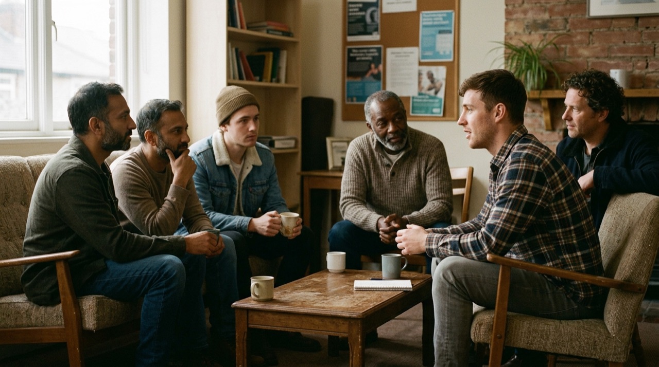 Diverse men's mental health peer support group meeting candidly in a community room