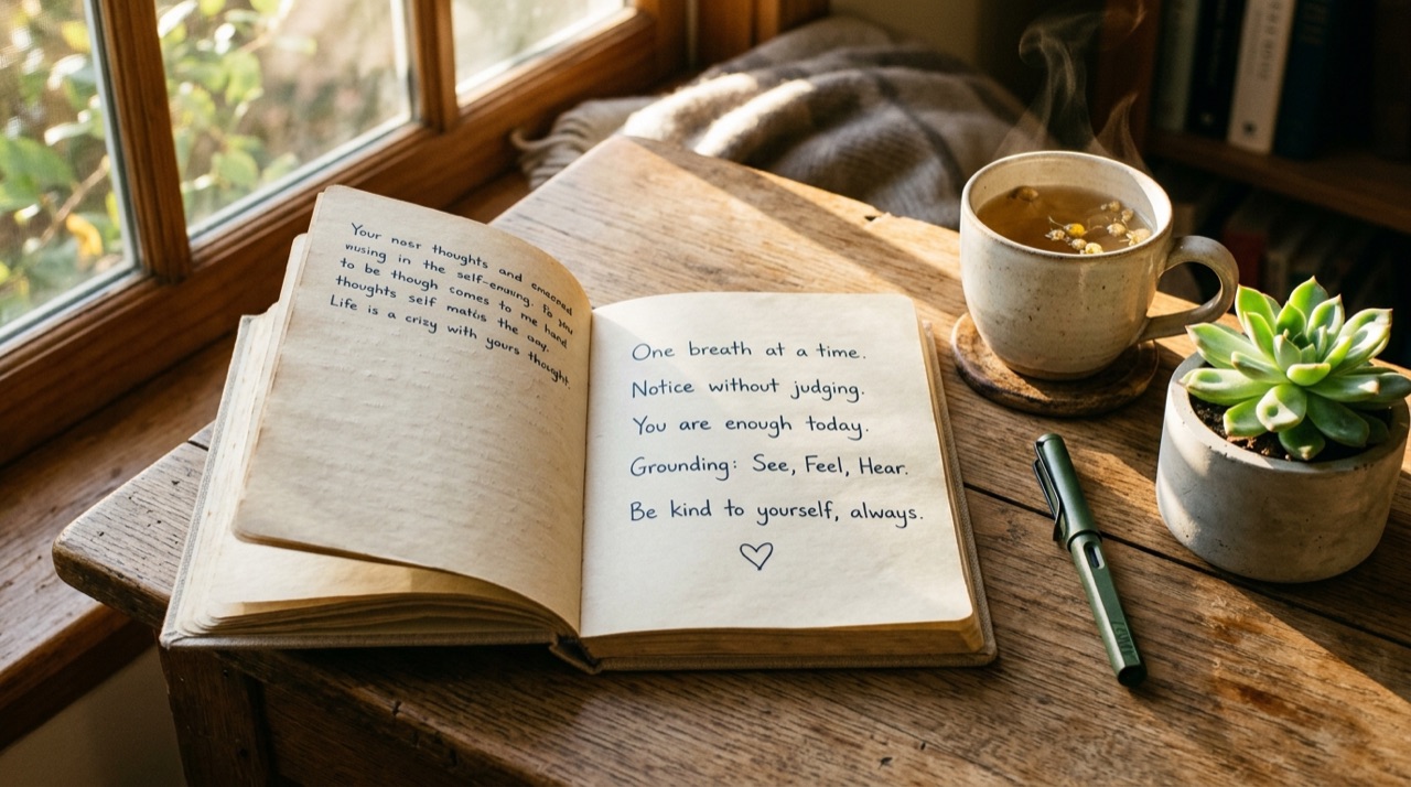 Linen journal with handwritten cognitive grounding and self-compassion reminders on a sunlit morning desk