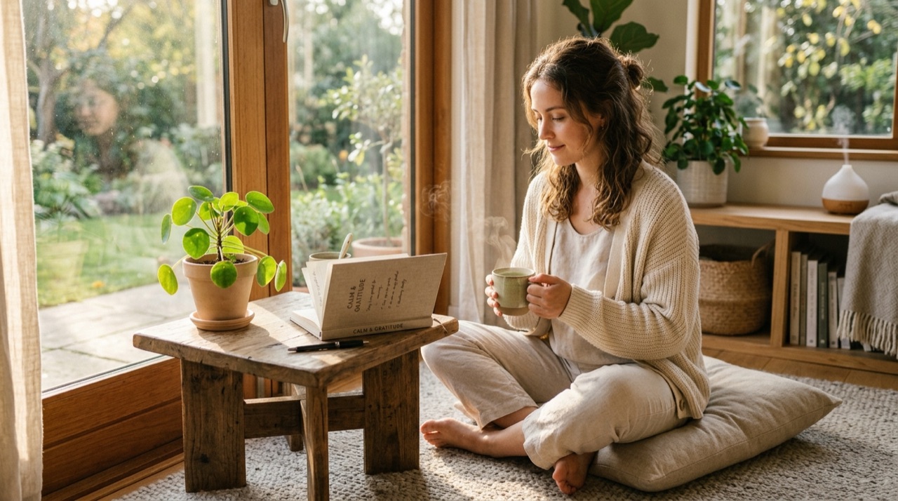 Individual practicing morning somatic breathing and mindfulness journaling by a quiet window