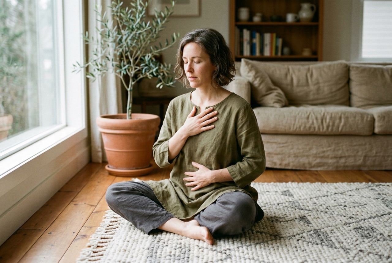 An adult woman practicing mindful somatic grounding with hand on chest and abdomen following nervous system regulation