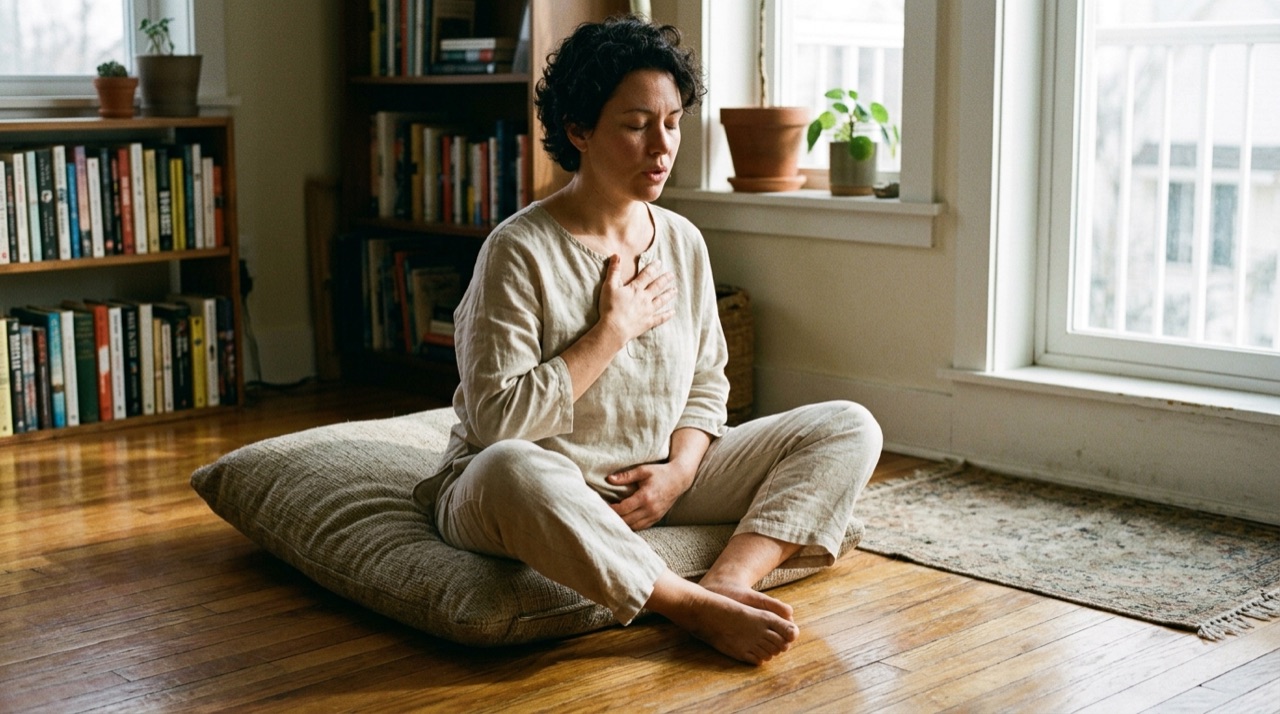 An adult seated on a floor cushion practicing deep somatic exhalation and grounding to safely integrate trauma release