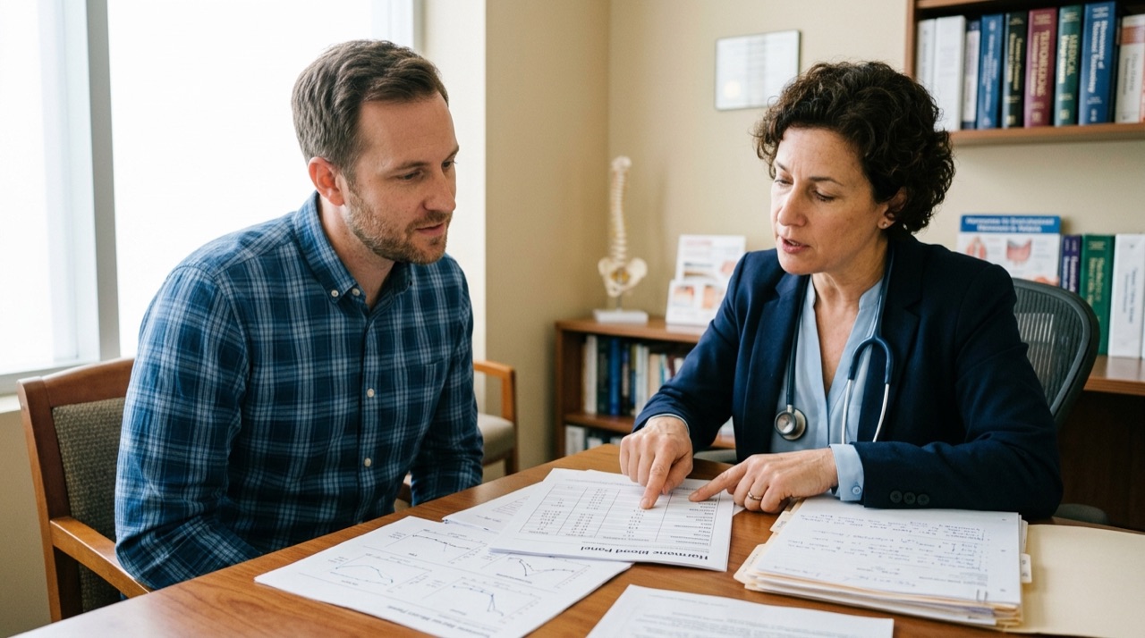 Doctor and patient reviewing printed hormone blood panel lab results and endocrine biomarkers during a clinical consultation