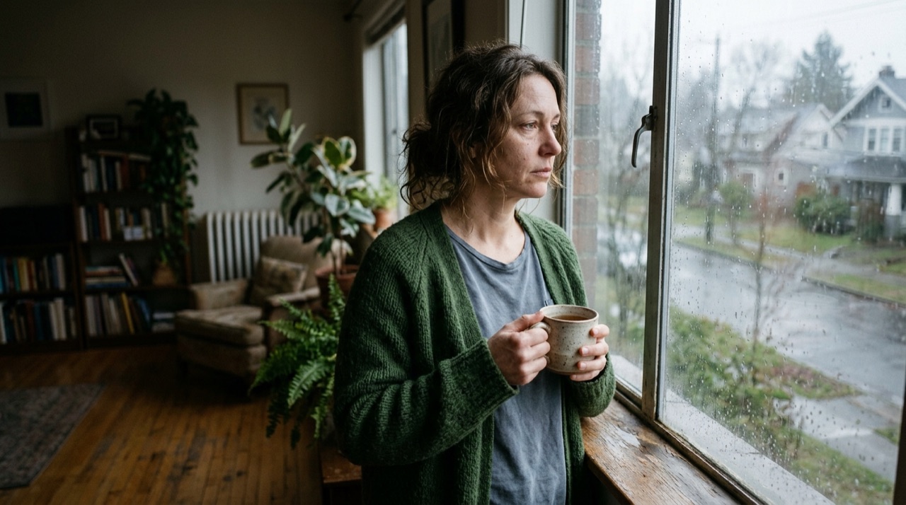An adult looking thoughtfully out a rain-streaked window with a warm mug, reflecting mood variations and seasonal depressive symptoms