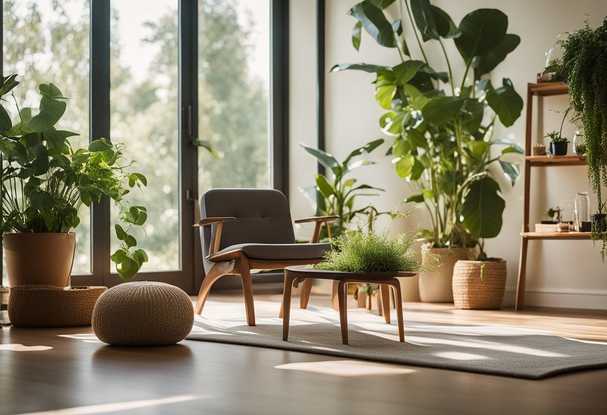 A serene, sunlit room with plants, a cozy chair, and a yoga mat, surrounded by calming nature scenes
