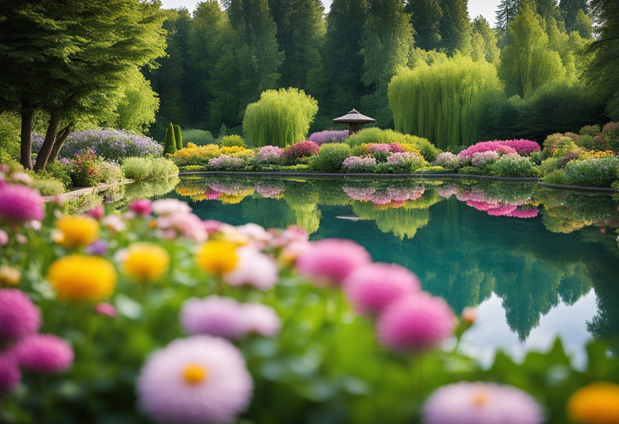 A serene, blooming garden with a peaceful pond and a clear blue sky, surrounded by lush greenery and colorful flowers