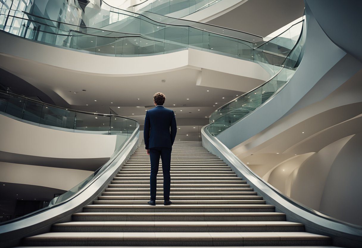A figure standing at the base of a steep, winding staircase, looking up with a sense of frustration and confusion