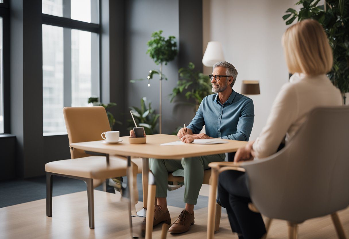 A person sitting in a chair with a therapist using a pointer to guide their eye movements while focusing on a specific spot