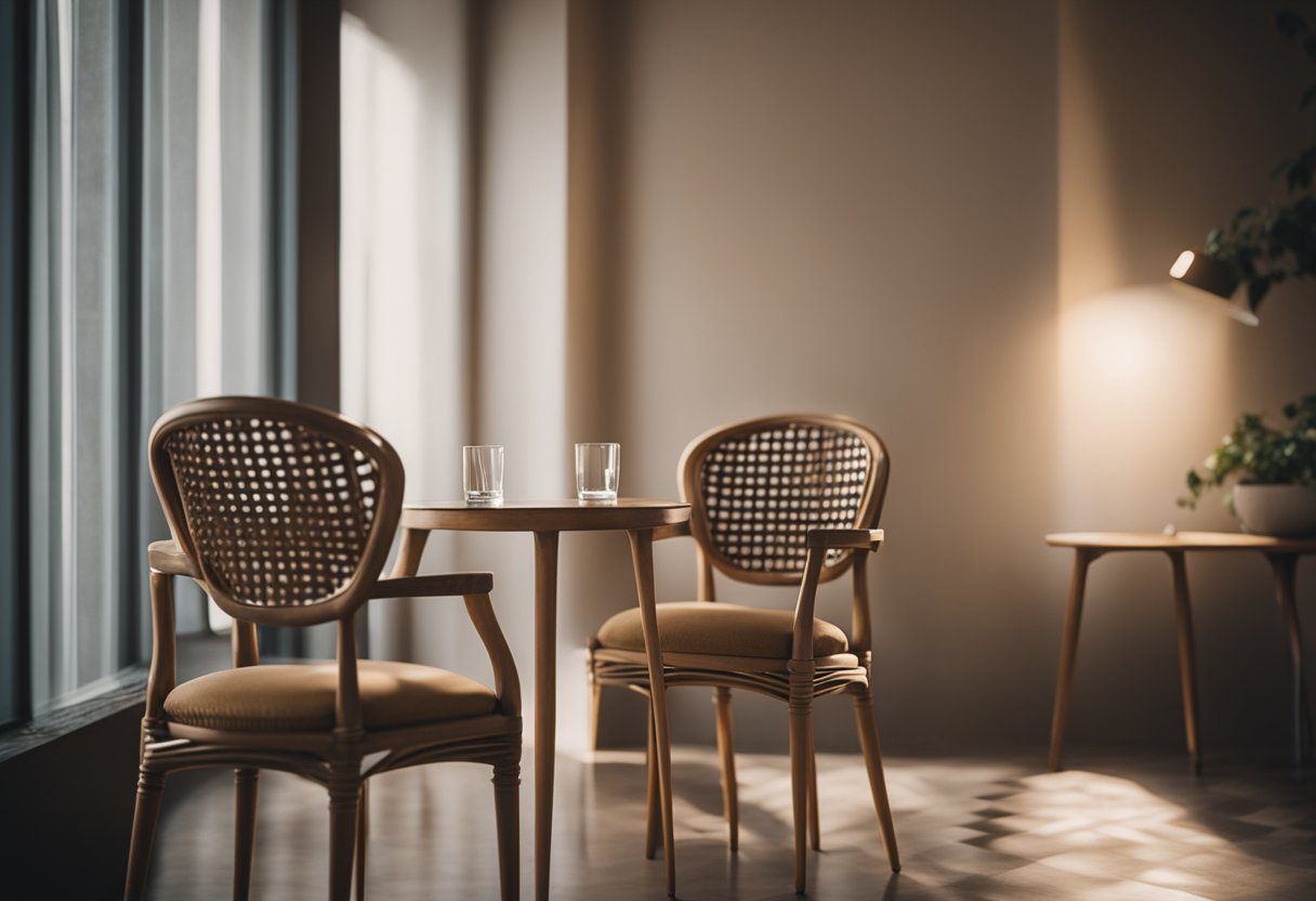 Two chairs facing each other in a softly lit room, with a small table between them. A serene atmosphere with gentle music playing in the background